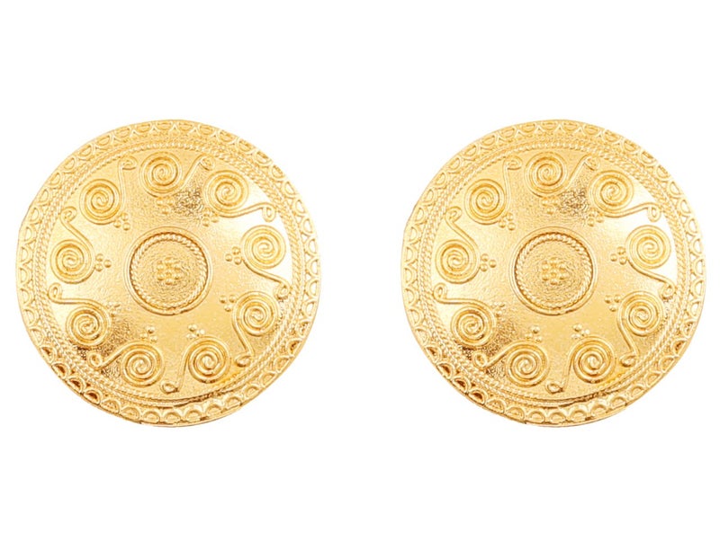 Touchstone Indian Bollywood Ethnic Style Carving Embossing Work Bahubali Inspired Round Shape Designer Jewelry Earrings In Gold Tone For Women - Image 1